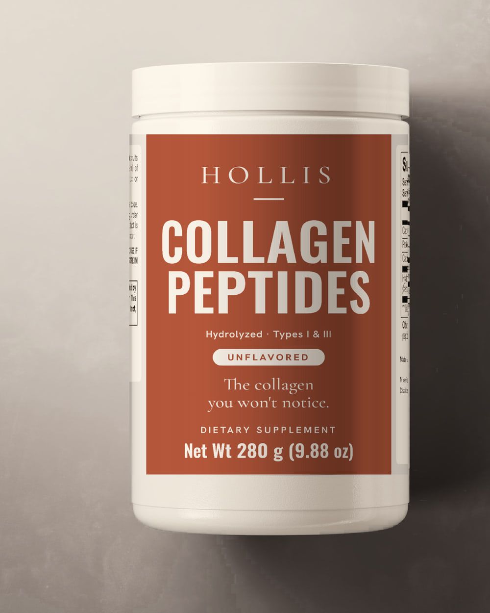 A white jar with a white ribbed lid and a terracotta clay label reading: Hollis, Collagen Peptides, Hydrolyzed, Types I and III, Unflavored, the collagen you won't notice. Dietary supplement, net weight 280 g (9.88 oz).